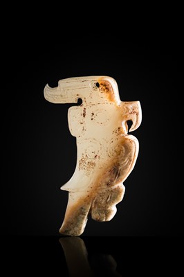 Lot 71 - A RARE PALE GREENISH-WHITE AND RUSSET JADE ‘BIRD’ PENDANT, LATE SHANG DYNASTY, 13TH-11TH CENTURY BC