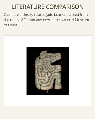 Lot 73 - A RARE AND IMPORTANT JADE ‘CROUCHING BEAR’ PLAQUE, LATE SHANG DYNASTY, 13TH-11TH CENTURY BC