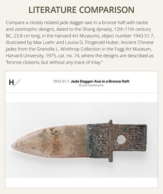 Lot 67 - A VERY RARE JADE HALBERD BLADE WITH BRONZE SHAFT, GE, LATE SHANG DYNASTY, ANYANG PHASE