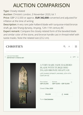 Lot 67 - A VERY RARE JADE HALBERD BLADE WITH BRONZE SHAFT, GE, LATE SHANG DYNASTY, ANYANG PHASE