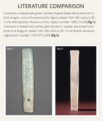 Lot 81 - A GREEN AND BROWN JADE ‘BIRDS AND DRAGON’ CEREMONIAL BLADE, WESTERN ZHOU DYNASTY