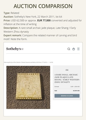 Lot 81 - A GREEN AND BROWN JADE ‘BIRDS AND DRAGON’ CEREMONIAL BLADE, WESTERN ZHOU DYNASTY