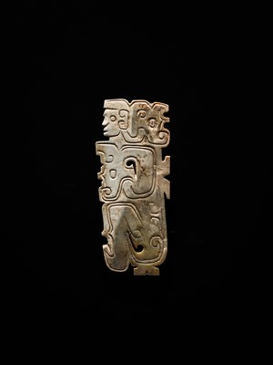 Lot 78 - A BROWN AND IVORY-WHITE JADE ‘HUMANOID-DRAGON’ PENDANT, MID-LATE WESTERN ZHOU DYNASTY