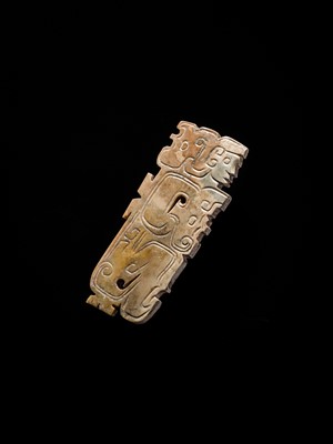 Lot 78 - A BROWN AND IVORY-WHITE JADE ‘HUMANOID-DRAGON’ PENDANT, MID-LATE WESTERN ZHOU DYNASTY