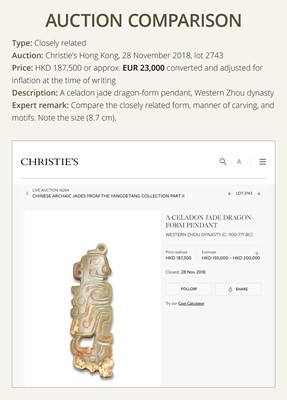 Lot 78 - A BROWN AND IVORY-WHITE JADE ‘HUMANOID-DRAGON’ PENDANT, MID-LATE WESTERN ZHOU DYNASTY