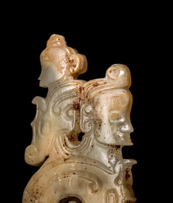 Lot 79 - A SUPERB CELADON JADE ‘HUMAN-DRAGON’ PENDANT, MID-LATE WESTERN ZHOU DYNASTY