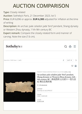 Lot 75 - A CELADON JADE ‘BIRD’ PENDANT, WESTERN ZHOU DYNASTY, 11TH-10TH CENTURY BC