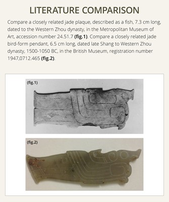 Lot 75 - A CELADON JADE ‘BIRD’ PENDANT, WESTERN ZHOU DYNASTY, 11TH-10TH CENTURY BC