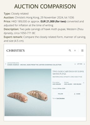 Lot 72 - A CELADON JADE ‘SILKWORM’ PENDANT, LATE SHANG DYNASTY