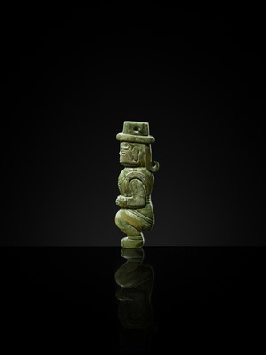 Lot 77 - AN EXCEPTIONAL GREEN JADE MAN-SHAPED SILHOUETTE PENDANT, MID-LATE WESTERN ZHOU PERIOD