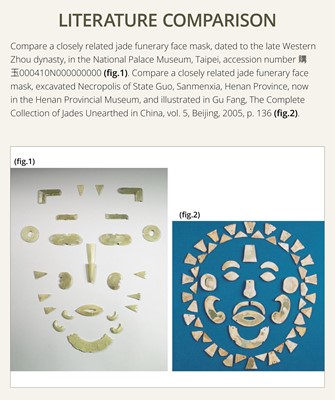 Lot 85 - A RARE GREEN JADE FUNERARY MASK, WESTERN ZHOU DYNASTY, 10TH CENTURY BC