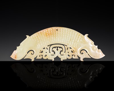 Lot 236 - A PALE CELADON JADE ‘DOUBLE-DRAGON AND PHOENIX’ PENDANT, HUANG, LATE EASTERN ZHOU - EARLY WESTERN HAN