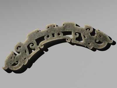 Lot 241 - AN ARC-SHAPED ‘TWIN DRAGON’ JADE PENDANT, HUANG, EASTERN ZHOU PERIOD