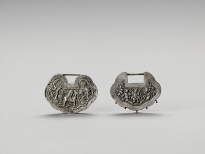 Lot 902 - TWO SILVERED METAL LOCK CHARMS, LATE QING