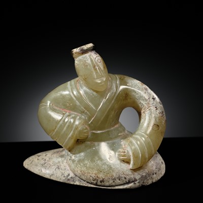Lot 256 - A FINE CELADON JADE KNEELING HUMAN FIGURE, HAN DYNASTY