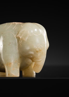 Lot 99 - AN OUTSTANDING AND EXTREMELY RARE CELADON JADE FIGURE OF AN ELEPHANT, HAN DYNASTY