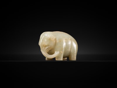 Lot 99 - AN OUTSTANDING AND EXTREMELY RARE CELADON JADE FIGURE OF AN ELEPHANT, HAN DYNASTY
