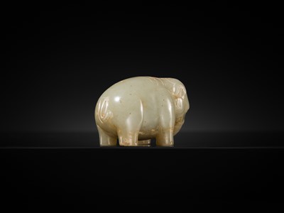 Lot 99 - AN OUTSTANDING AND EXTREMELY RARE CELADON JADE FIGURE OF AN ELEPHANT, HAN DYNASTY