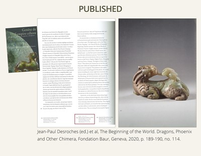 Lot 110 - A FINE CELADON AND BROWN JADE GROUP OF AN IMMORTAL RIDING A BIXIE, HAN DYNASTY