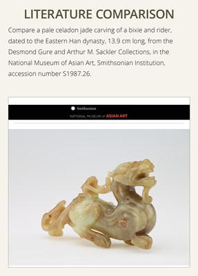 Lot 110 - A FINE CELADON AND BROWN JADE GROUP OF AN IMMORTAL RIDING A BIXIE, HAN DYNASTY
