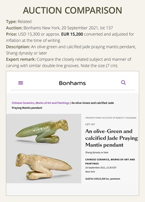 Lot 74 - A GRAY AND CELADON JADE ‘PRAYING MANTIS’ PENDANT, LATE SHANG DYNASTY