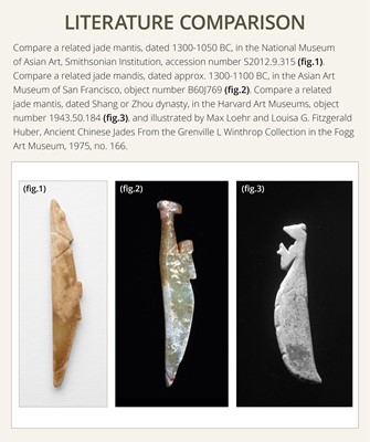 Lot 74 - A GRAY AND CELADON JADE ‘PRAYING MANTIS’ PENDANT, LATE SHANG DYNASTY