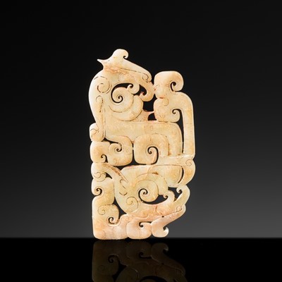 Lot 239 - A PALE CELADON JADE ‘PHOENIX’ PLAQUE, LATE EASTERN ZHOU - EARLY WESTERN HAN