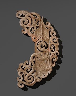 Lot 100 - AN OPENWORK GRAY JADE ‘ARCHER’S RING’ ORNAMENT, HAN DYNASTY