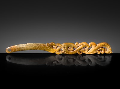 Lot 240 - AN EXCEPTIONAL JADE FAN HANDLE, WESTERN HAN DYNASTY