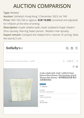 Lot 91 - A JADE ‘MASK’ SCABBARD CHAPE, WARRING STATES PERIOD TO HAN DYNASTY