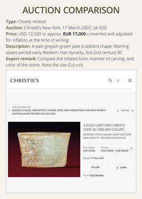 Lot 91 - A JADE ‘MASK’ SCABBARD CHAPE, WARRING STATES PERIOD TO HAN DYNASTY