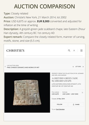 Lot 91 - A JADE ‘MASK’ SCABBARD CHAPE, WARRING STATES PERIOD TO HAN DYNASTY