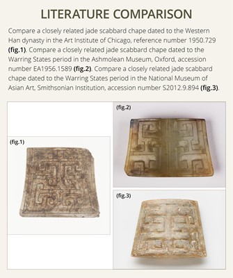 Lot 91 - A JADE ‘MASK’ SCABBARD CHAPE, WARRING STATES PERIOD TO HAN DYNASTY