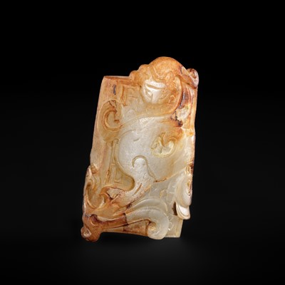 A PALE CELADON AND RUSSET ‘DRAGON AND PHOENIX’ PENDANT, WESTERN HAN DYNASTY