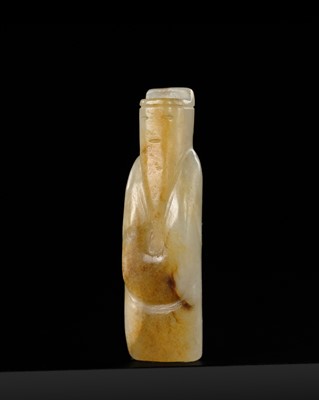 Lot 91 - A SMALL PALE CELADON AND RUSSET JADE PENDANT OF A BEARDED MAN, WESTERN HAN DYNASTY