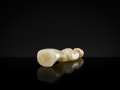 Lot 96 - AN EXCEEDINGLY RARE AND IMPORTANT GRAYISH-WHITE JADE FIGURE OF A COURT LADY, EARLY WESTERN HAN DYNASTY