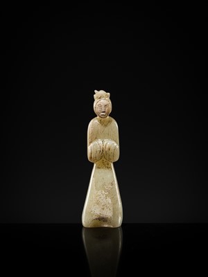 Lot 96 - AN EXCEEDINGLY RARE AND IMPORTANT GRAYISH-WHITE JADE FIGURE OF A COURT LADY, EARLY WESTERN HAN DYNASTY