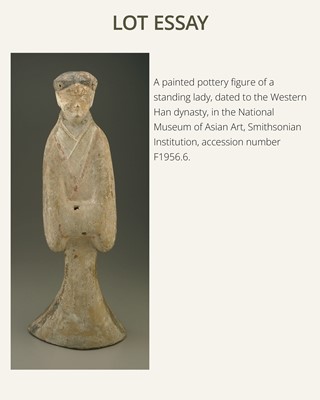 Lot 96 - AN EXCEEDINGLY RARE AND IMPORTANT GRAYISH-WHITE JADE FIGURE OF A COURT LADY, EARLY WESTERN HAN DYNASTY