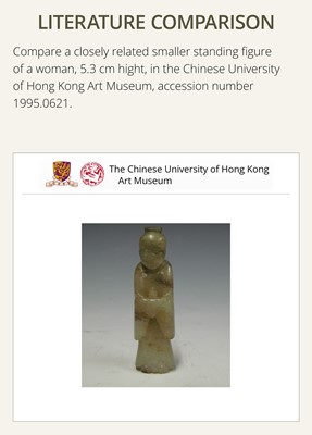 Lot 96 - AN EXCEEDINGLY RARE AND IMPORTANT GRAYISH-WHITE JADE FIGURE OF A COURT LADY, EARLY WESTERN HAN DYNASTY