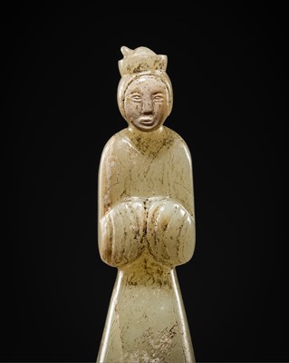 Lot 96 - AN EXCEEDINGLY RARE AND IMPORTANT GRAYISH-WHITE JADE FIGURE OF A COURT LADY, EARLY WESTERN HAN DYNASTY