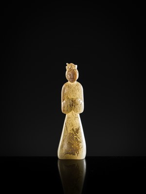 Lot 96 - AN EXCEEDINGLY RARE AND IMPORTANT GRAYISH-WHITE JADE FIGURE OF A COURT LADY, EARLY WESTERN HAN DYNASTY
