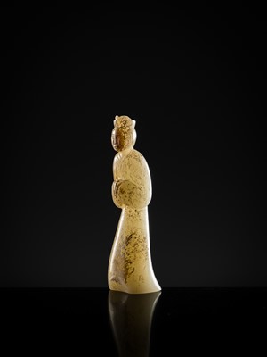 Lot 96 - AN EXCEEDINGLY RARE AND IMPORTANT GRAYISH-WHITE JADE FIGURE OF A COURT LADY, EARLY WESTERN HAN DYNASTY