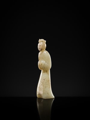 Lot 96 - AN EXCEEDINGLY RARE AND IMPORTANT GRAYISH-WHITE JADE FIGURE OF A COURT LADY, EARLY WESTERN HAN DYNASTY