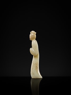 Lot 96 - AN EXCEEDINGLY RARE AND IMPORTANT GRAYISH-WHITE JADE FIGURE OF A COURT LADY, EARLY WESTERN HAN DYNASTY
