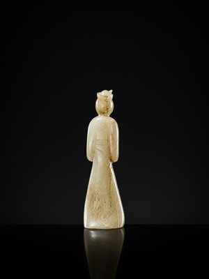 Lot 96 - AN EXCEEDINGLY RARE AND IMPORTANT GRAYISH-WHITE JADE FIGURE OF A COURT LADY, EARLY WESTERN HAN DYNASTY