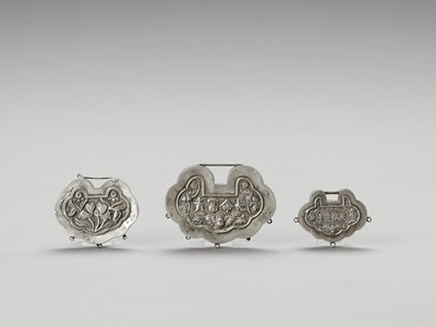 Lot 168 - THREE SILVER LOCK CHARMS, LATE QING