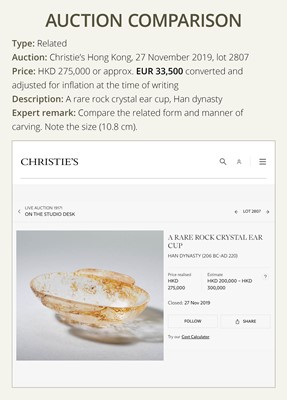 Lot 204 - A ROCK CRYSTAL EAR CUP, ERBEI, WESTERN HAN DYNASTY