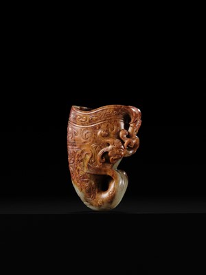 Lot 103 - AN EXCEPTIONAL AND IMPORTANT CELADON AND RUSSET ‘CHILONG’ RHYTON, HAN DYNASTY