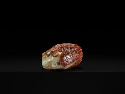 Lot 103 - AN EXCEPTIONAL AND IMPORTANT CELADON AND RUSSET ‘CHILONG’ RHYTON, HAN DYNASTY