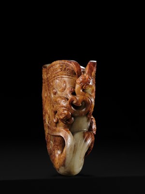 Lot 103 - AN EXCEPTIONAL AND IMPORTANT CELADON AND RUSSET ‘CHILONG’ RHYTON, HAN DYNASTY